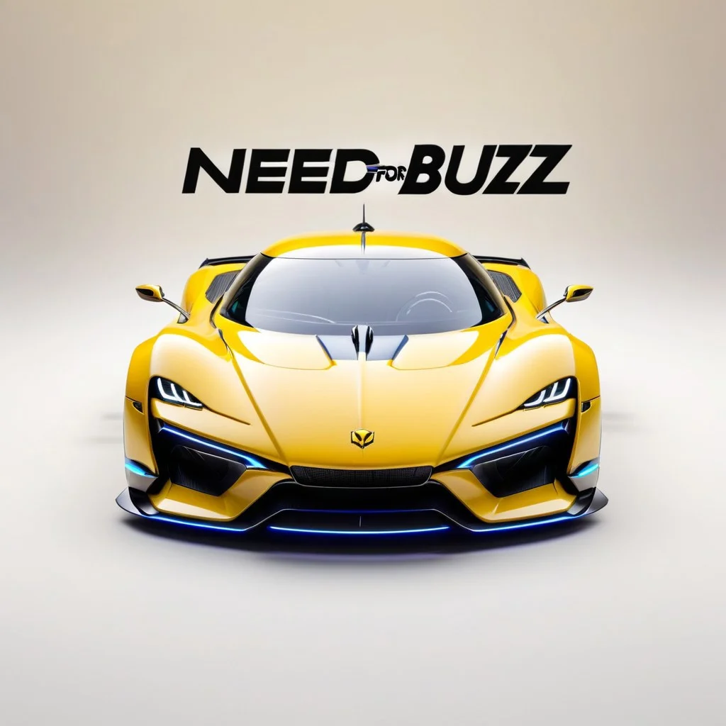 "Need for Buzz" text logo, front view of cyberpunk futuristic yellow hypercar, speed lines, blur, abstract, octane render, simple background <lora:dvr-ftl:0.8>