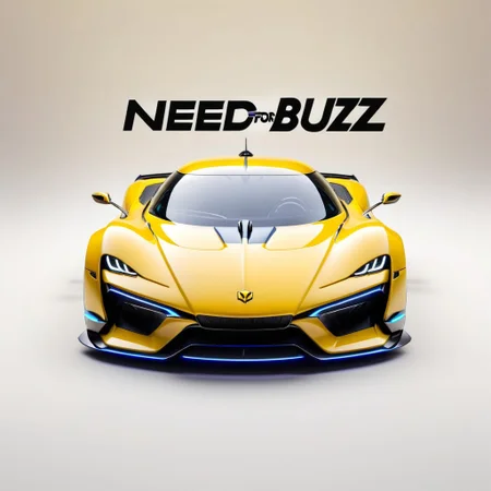 "Need for Buzz" text logo, front view of cyberpunk futuristic yellow hypercar, speed lines, blur, abstract, octane render, simple background <lora:dvr-ftl:0.8>