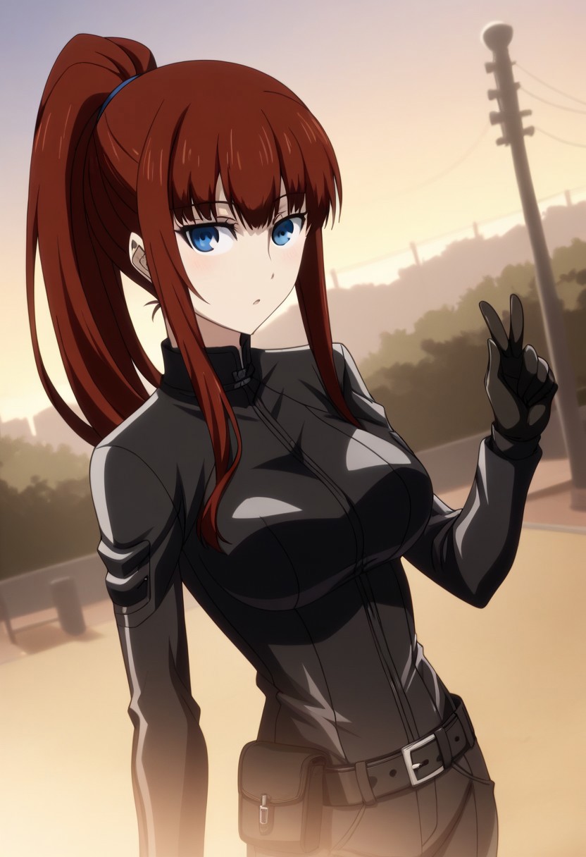 Ultra-high-detailed Anime illustration of Kagari Shiina. The artwork features Kagari in a solo, face focus, upper body, standing position with a outdoors, street background. She is depicted with intricate details showcasing her big_breasts, natural_breasts. She is a white skinned, 22 years old woman. Kagari is looking_at_viewer with perfect_eyes, Her pupils are highly detailed. The eyes are open. blue eyes. Kagari's eyes are highlighted. Highlighted eyevrows. She has long_hair, red_hair styled in floating_hair, shiny_hair and bangs. She is wearing a  motorcycle suit, black_motorcycle suit, full body motorcycle suit with black gloves, black belt and black shoes. The artistic style is intricate_details_xl with a focus on Anime art. The color palette emphasizes red and black with detailed strokes to bring out the character's features. The lighting creates dramatic shadows and highlights, adding depth to the artwork. The perspective is from a face focus, dutch angle to enhance the impact of the character's expression. This masterpiece is a true portrayal of Kagari's complex personality and will captivate any fan of Kagari.