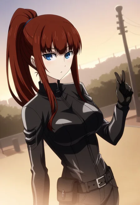 Ultra-high-detailed Anime illustration of Kagari Shiina. The artwork features Kagari in a solo, face focus, upper body, standing position with a outdoors, street background. She is depicted with intricate details showcasing her big_breasts, natural_breasts. She is a white skinned, 22 years old woman. Kagari is looking_at_viewer with perfect_eyes, Her pupils are highly detailed. The eyes are open. blue eyes. Kagari's eyes are highlighted. Highlighted eyevrows. She has long_hair, red_hair styled in floating_hair, shiny_hair and bangs. She is wearing a  motorcycle suit, black_motorcycle suit, full body motorcycle suit with black gloves, black belt and black shoes. The artistic style is intricate_details_xl with a focus on Anime art. The color palette emphasizes red and black with detailed strokes to bring out the character's features. The lighting creates dramatic shadows and highlights, adding depth to the artwork. The perspective is from a face focus, dutch angle to enhance the impact of the character's expression. This masterpiece is a true portrayal of Kagari's complex personality and will captivate any fan of Kagari.