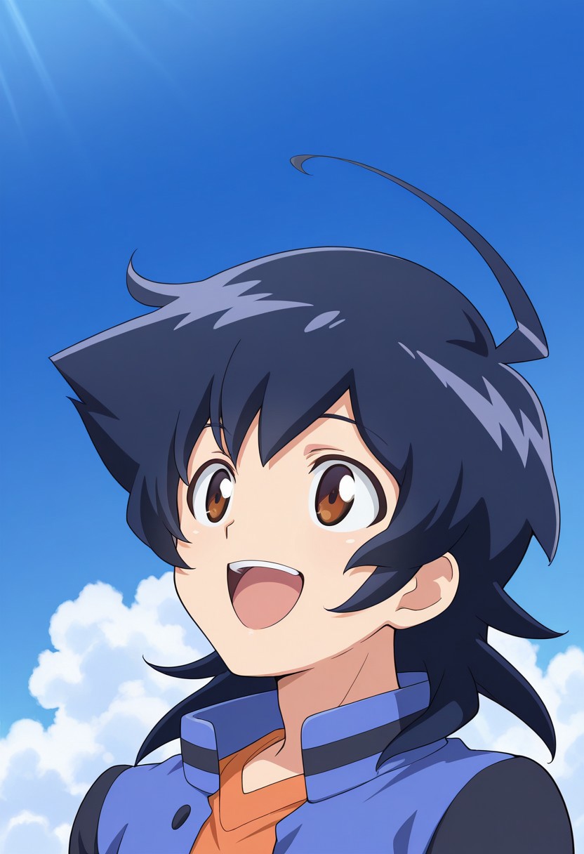 masterpiece,best quality,amazing quality, source_anime,
hirozora, 1boy, male focus, solo, brown eyes, blue hair, medium hair, ahoge, shirt, orange shirt, jacket, blue jacket, black sleeves, open jacket, smile, open mouth, happy, portrait,
day, sky, clouds,