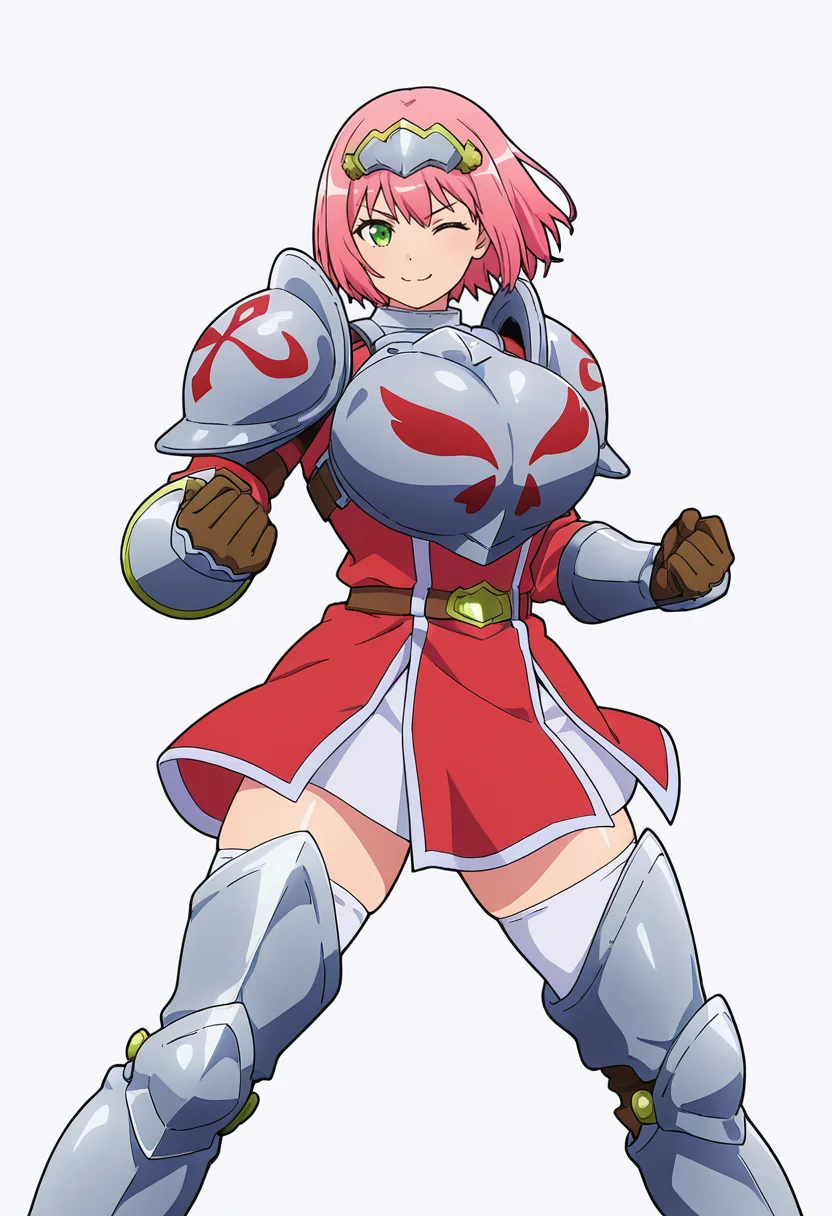 Smooth Quality,masterpiece,very intricate, high quality details, ultra realistic, high detailed skin,detailed enviorement,absurdres,
akanbe,solo,
 <lora:Nohkins_Hanabata_CNR:0.8> nohkins_cnr, green eyes, pink hair, short hair, large breasts,  breasts, 
nohkins_armor1_cnr, armor, breastplate, shoulder armor,gauntlets, armored boots, greaves, belt, long sleeves, dress,white thighhighs, thigh boots,brown gloves,tiara, hairband,, simple background, white background, front view,
standing pose, arms akimbo, feet slightly apart, determined expression, balanced posture,  ,, ;),
