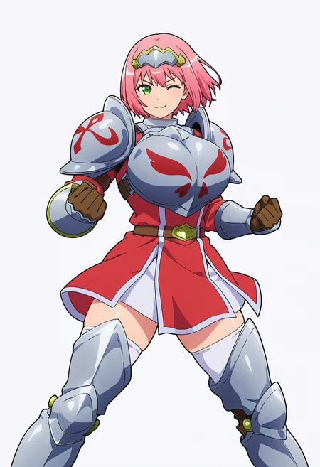 Smooth Quality,masterpiece,very intricate, high quality details, ultra realistic, high detailed skin,detailed enviorement,absurdres,
akanbe,solo,
 <lora:Nohkins_Hanabata_CNR:0.8> nohkins_cnr, green eyes, pink hair, short hair, large breasts,  breasts, 
nohkins_armor1_cnr, armor, breastplate, shoulder armor,gauntlets, armored boots, greaves, belt, long sleeves, dress,white thighhighs, thigh boots,brown gloves,tiara, hairband,, simple background, white background, front view,
standing pose, arms akimbo, feet slightly apart, determined expression, balanced posture,  ,, ;),
