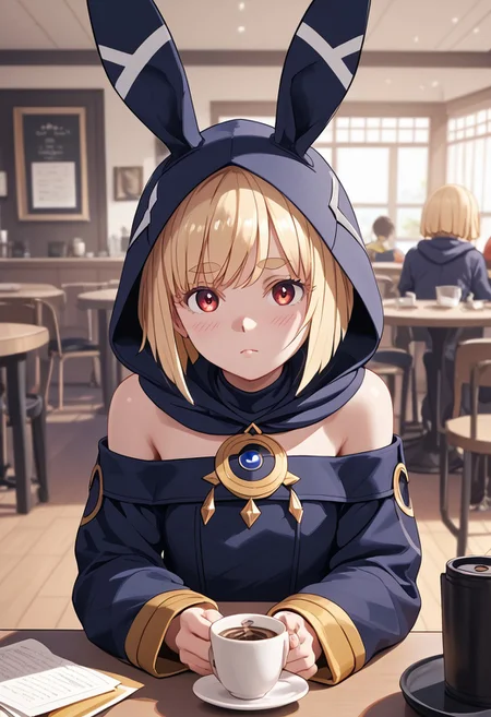 score_4,score_5,score_6,score_7_up,score_8_up,score_9 ((masterpiece,best quality,ultra detailed,highres,HD,4k:1.2)),
1 adult girl, solo,solo focus,girl focus,face focus,
Layla,blonde hair,bangs,short hair,bob cut,sidelocks,thick eyebrows,red eyes,petite,
long sleeves,bare shoulders,hood up,rabbit hood,animal hood,sleeves past wrists,sleeves past fingers,dress,
indoor, cafe, pov date, across table pov, across table, Coffee on the table,sitting,
looking at viewer,No expression, blush,
