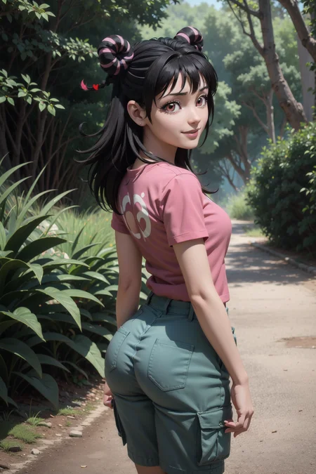 mahoro, 1girl, black hair, double bun, bangs, long hair, braid, pink eyes, two-tone hair,(black cargo shorts,red t-shirt), looking at viewer, cowboy shot,japanse forest,from behind, looking back,outdoors,smile,nature.small breasts,from above,ass,heart hair ornament,(Maya 3d render:1.05), (masterpiece:1.3), (hires, high resolution:1.3), subsurface scattering <lora:mahoro_v1_1:1>