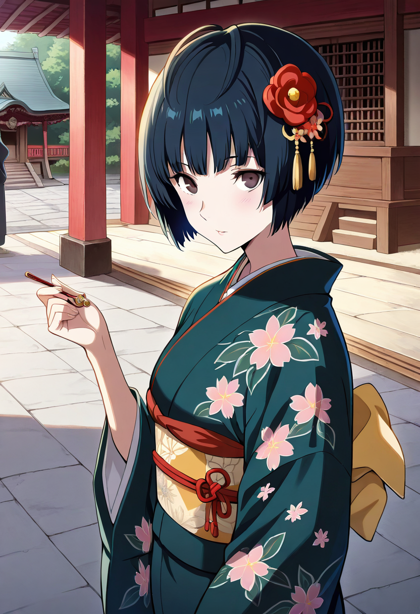 1 girl, solo, cute face,
p5tae, tae takemi, short hair,
japanese clothes, solo focus, hair ornament, wide sleeves, kimono, obi, floral print, dark green kimono, print kimono,
outdoors, japanese temple, shrine, (smile:0.65), looking at viewer,
masterpiece, best quality, ultra detailed,