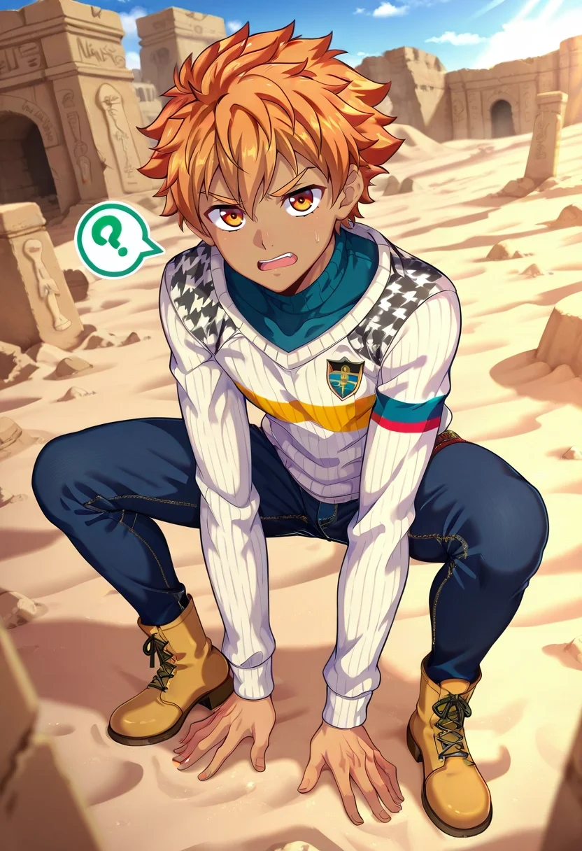 masterpiece, best quality, , (3d:0.4), looking at viewer, depth of field, 1boy, solo, male focus, <lora:jirou_camp_buddy_ilxl:0.9>, jirou_camp_buddy, orange hair, orange eyes, , desert ruins, sandstone walls, hieroglyphics, buried treasure, excavating pose, focused expression, harsh sunlight, Carpenter jeans, Houndstooth Wool SteelBlue Striped crew neck sweater, Chelsea boots, Pith helmet,