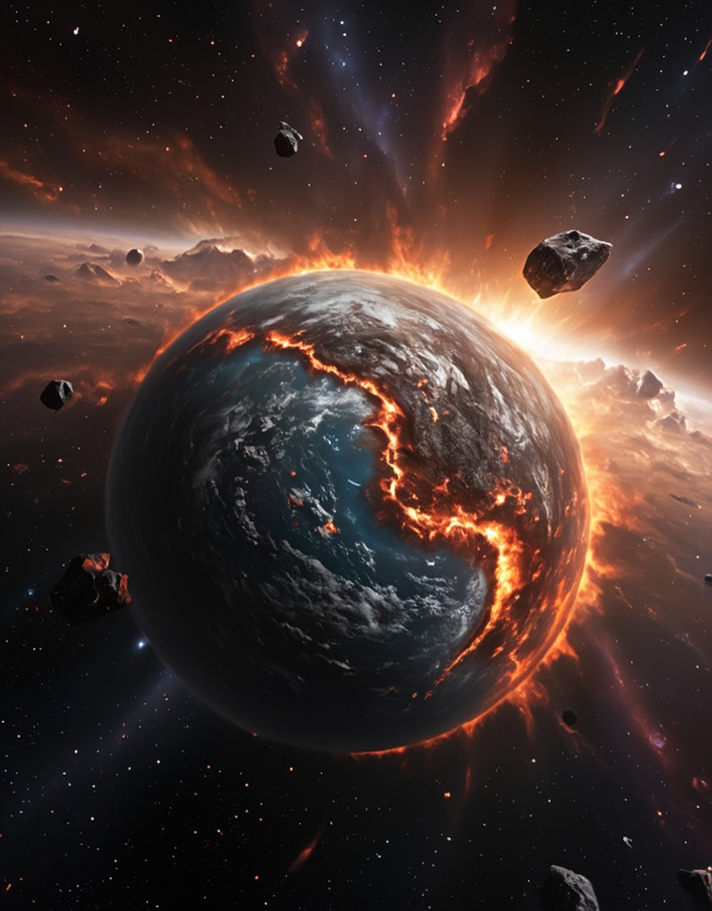 <lora:Space_Worlds_01__Poetic_fluxbeta4:1> sw01p_flux. In space, in front of a nebula, a planet with a firestorm on one of its sides. The planet is very detailed, showing sea and land but also mountains. In space, there is also a big asteroid that will maybe collide with the planet, creating a fire megawave and destruction of the planet.