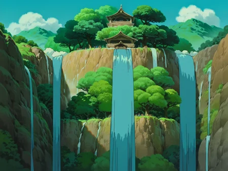 2others animal blue_sky cloud creature day dispersion_(optics) fantasy from_behind glowing_animal island lake mountainous_horizon multiple_others no_lineart outdoors outstretched_arms painterly scenery sky spirit tree very_wide_shot water waterfall, <lora:StudioGhibliUltimateV3:0.8>, score_9, score_8_up, score_7_up