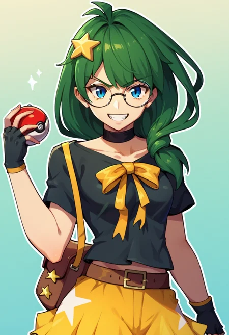score_9, score_8_up, score_7_up, score_6_up, score_5_up,score_4_up, BREAK, <lora:Rival_Ivy1:1.0>, rival ivy, 1girl, solo, black pupils, round glasses, green hair, black fingerless gloves, leather belt, blue eyes, yellow skirt, smile, yellow star hair ornament, yellow ribbon, black thighhighs, long hair, black loose shirt, brown shoes, short sleeves, black choker, bangs, hair over shoulder, looking at viewer, white star printzettai ryouiki, 20 years old, medium breast, upper body, standing, brown shoulder bag, slit pupils, holding pokeball, simple background, angry, shouting at camera