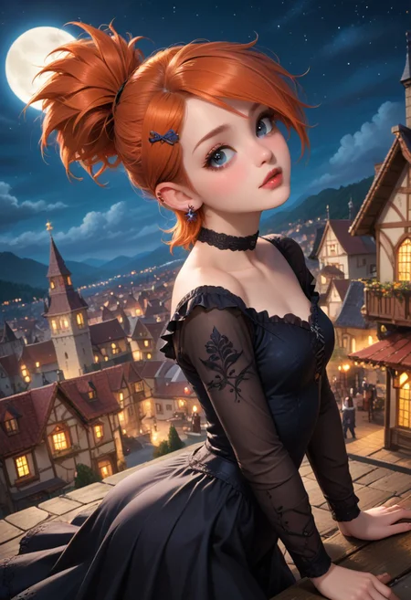 score_9, score_8_up, score_7_up, masterpiece, illustration, the best quality, ((solo)), 1girl, beautiful tender 18 years, lipstic, eyewear, small chest, small ass,
1 girl, 21+ years, 
frankiefoster
ponytail, hair ornament, orange hair,
earrings, black choker
 lipstick,
Luxurious, beautiful, gothic Black dress (lace, frills)
Night, stars, only one Moon, 
 on rooftop, on top of medieval town, night time,
dynamic angle, cowboy shot, dynamic pose, cute, realistic, wide shot,