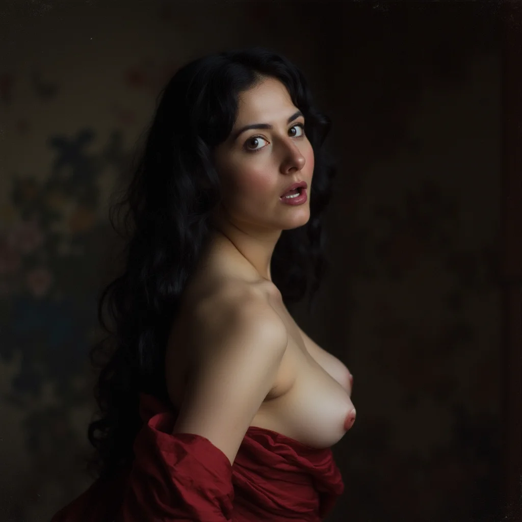 UHD, 4k, ultra detailed, cinematic, a photograph of <lora:19th Century style v1:0.9>
19th Century In the 1800's time era a woman with a very big breast is looking at something,1girl,solo,long hair,open mouth,black hair,bare shoulders,collarbone,nude,parted lips,teeth,mole,blurry,black eyes,lips,blurry background,portrait,forehead,realistic , detailed, detailed background, detailed scene, perfect, perfection, cinematic, filmic, historical (themed), 1800's style, epic, beautiful lighting, inpsiring