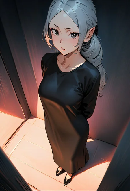 (graphic novel style, dark novel style:1.5),(anime), (masterpiece:1.4), (soft cinematic light:1.1), incredibly lifelike, Extremely high-resolution details, 8k, best quality,extremely detailed, contrast,
high tech design,
 gallery of contemporary art, inside, a old woman walking against the backdrop of a giant floor-to-ceiling window, through which one can see a city landscape with skyscrapers and a sunset ,fullbody, open mouth, ((elderly)) woman in a ((black long dress)) and black high-heeled shoes, elderly, old woman, [Nordic], Hourglass elongated body, Oval Face, Long neck, Rounded shoulders, long slim thin arms, Attached Pointed ears, round forehead, (gray Updo short combed back hair), snub nose, Arched eyebrows, Monolid black Eyes, High Round Narrow cheekbones, Hollow Cheeks, Rounded Chin, Rounded Jawline, thin Lips, (black eyes), (square glasses), Wrinkles and Fine Lines, a large white canvas at the wall,