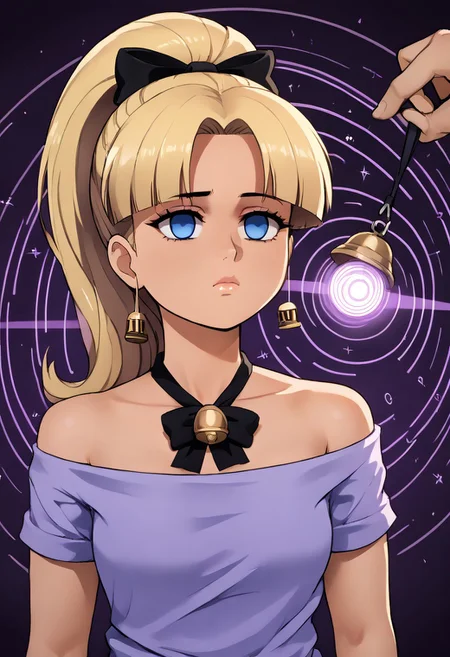 Pacifica hypnotized by bell to undress,
score_9, source anime, lewd, 1girl,
mind control, hypnotized, empty eyes, no pupils, hypnotic handbell, ringing bell, (disembodied hand holding bell), expressionless, blank stare, hypnotic ringing and soundwaves,
undressing,
pacifica, blonde hair, makeup, ponytail, blue eyes,