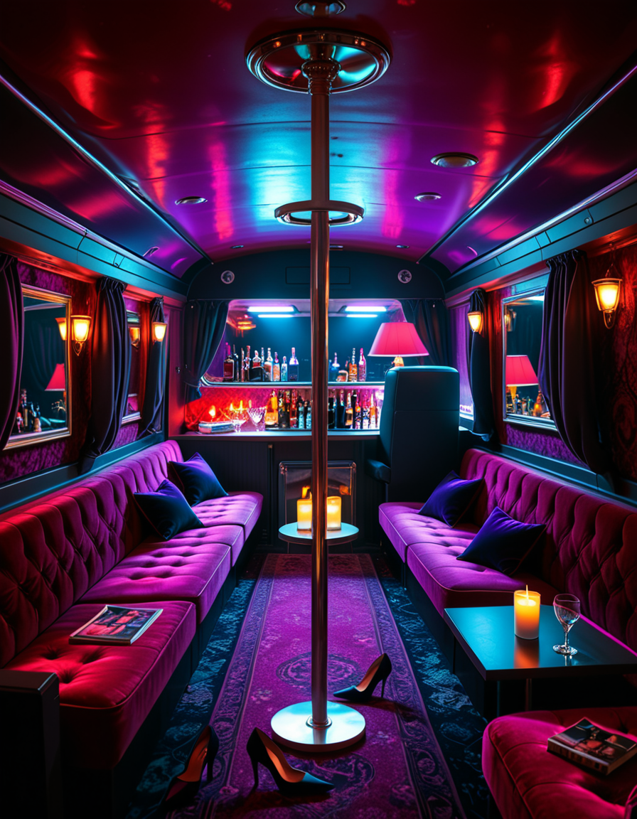 The interior of an old RV transformed into a mysterious, shady lounge with a moody and dimly lit atmosphere. The space is filled with deep red and purple lighting, creating a sultry neon glow. In the center stands a chrome pole mounted to the ceiling and floor, surrounded by plush velvet seats and low tables with half-empty glasses and flickering candles. The walls are lined with heavy curtains and faded wallpaper, giving a vintage and secretive vibe. A small bar area in the back holds various bottles and glasses, with a mirror backsplash reflecting the dim lights. The floor is covered in worn carpets and scattered with high heels, scarves, and old magazines. Subtle details hint at an underground lifestyle, without showing anything explicit. The overall ambiance is smoky, intimate, and cinematic. Highly detailed, noir-inspired, low-key lighting, retro-modern fusion style.
<lora:SDXLFaeTastic2400:0.4> <lora:extremely_detailed:0.4> extremely detailed<lora:4dult_rv:1>,4dult rv, Masterpiece,best quality,hi res,8k,hi res,8k,award winning,(sharp focus, intricate, highly detailed),