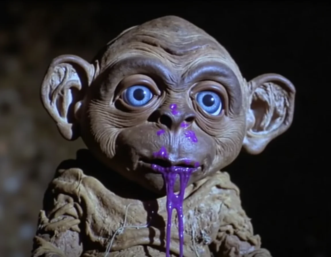 A photo where Nukie the knockoff alien has infected purple snot dripping out of his nostrils