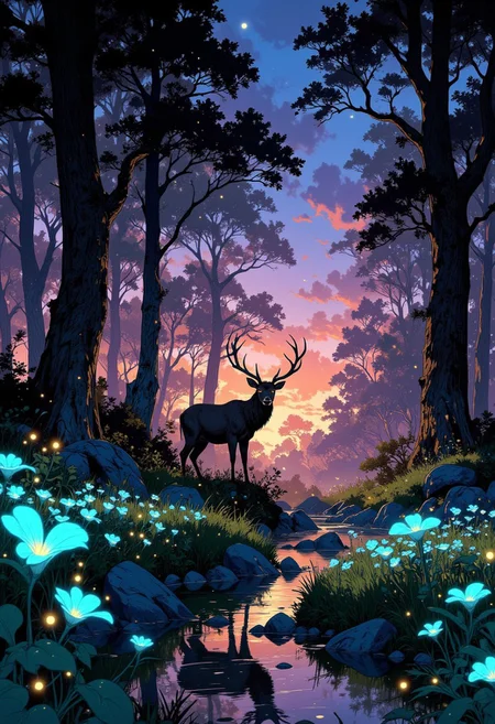 A mystical forest at twilight, where the sky transitions into a dreamy blend of deep purples, soft blues, and shimmering gold. The towering trees glow faintly with bioluminescent moss, casting a surreal luminescence. A majestic stag with intricate, glowing antlers stands at the heart of the scene, its fur shimmering with a subtle celestial hue. Fireflies dance around, their tiny lights reflecting in the crystal-clear water of a slow-moving stream. The ground is blanketed in rare, luminescent flowers that pulse gently with an otherworldly glow. The atmosphere is calm, enchanting, and filled with an ancient, magical presence, as if nature itself is whispering forgotten stories of the past. VibrantlySharp style., Anime art
