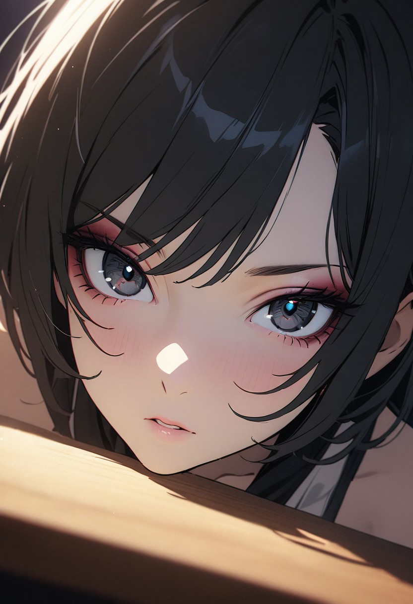 1woman, solo, villainess, 1woman, pale skin, black eyes, bob hair, black hair, evil look, big breasts, cinematic, (masterpiece), (best quality), (ultra-detailed), very aesthetic, illustration, detailed eyes, perfect eyes, detailed face, (beautiful detailed face, beautiful detailed eyes) ,extreme details eyes masterpiece, best quality, amazing quality, very aesthetic, (flat colors:1), (Artist:ilya kuvshinov:1), (Artitst: incase0.65), 1MILF, open eyes, (motion lines:0.3), (motion blur:0.3), mature female, , BREAK dynamic light, warm_light, vibrant colors warm_colors, soft focus, high contrast, textured surfaces, depth of field, golden hour lighting, dramatic shadows, rich details, nature-inspired color palette, BREAK
(face focus, close-up:1.6), eyeshadow, messy hair, dutch angle, chair, (white tanktop, black hoodie,  bare shoulders), denim shorts, pantyhose, indoors, computer desk, sitting behind desk, night, desk light,  relaxed, bedroom, looking at viewer,