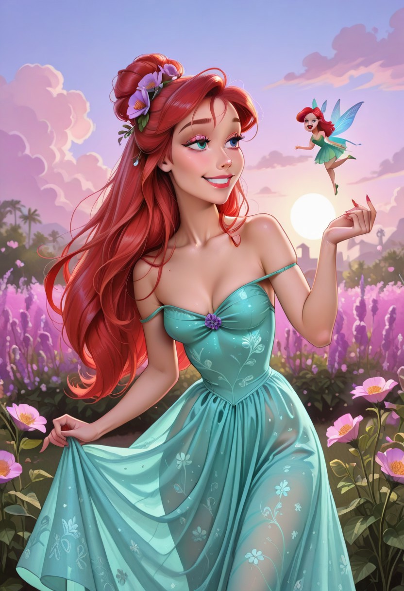 DisneyAriel, 1girl, red hair, blue eyes, long hair, solo, POH-Illu, flowers, hair flowers, hair ornament,
fae, fairy, playful, sexy, teasing, dancing, in a garden, sunshine, puffy clouds, hazy sunshine,
slender,
intricate sundress, festival dress,
slender hips, tiny waist, 
strap slip, cleavage, small breasts,
masterpiece, best quality, newest, absurdres, highres, very awa