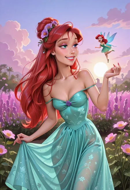 DisneyAriel, 1girl, red hair, blue eyes, long hair, solo, POH-Illu, flowers, hair flowers, hair ornament,
fae, fairy, playful, sexy, teasing, dancing, in a garden, sunshine, puffy clouds, hazy sunshine,
slender,
intricate sundress, festival dress,
slender hips, tiny waist,
strap slip, cleavage, small breasts,
masterpiece, best quality, newest, absurdres, highres, very awa