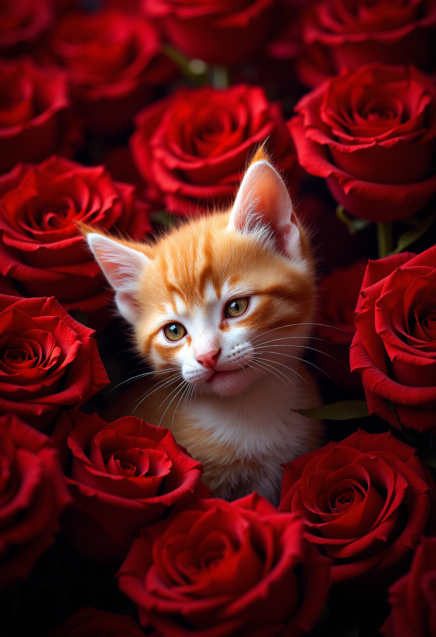 A close-up of a small, light-orange and white kitten partially hidden among dense, deep red roses. The kitten is positioned centrally, with its head slightly tilted and one eye closed in a playful wink. Its fur is soft and fluffy, with the light catching subtly on the edges, adding depth and texture. The roses around the kitten are fully bloomed, with rich, velvety petals in various shades of red, and a few with hints of black shadows. The scene is warmly lit, enhancing the luxurious texture of the roses and the softness of the kitten's fur. The background is entirely filled with the roses, with no visible gaps, creating a lush, almost surreal environment. The atmosphere is cozy and intimate, with a gentle, warm light that highlights the kitten's face and the rich color of the roses, emphasizing the contrast between the soft kitten and the vibrant, dense roses.  <lora:FluxMythP0rtr4itStyle:0.8> MythP0rt,