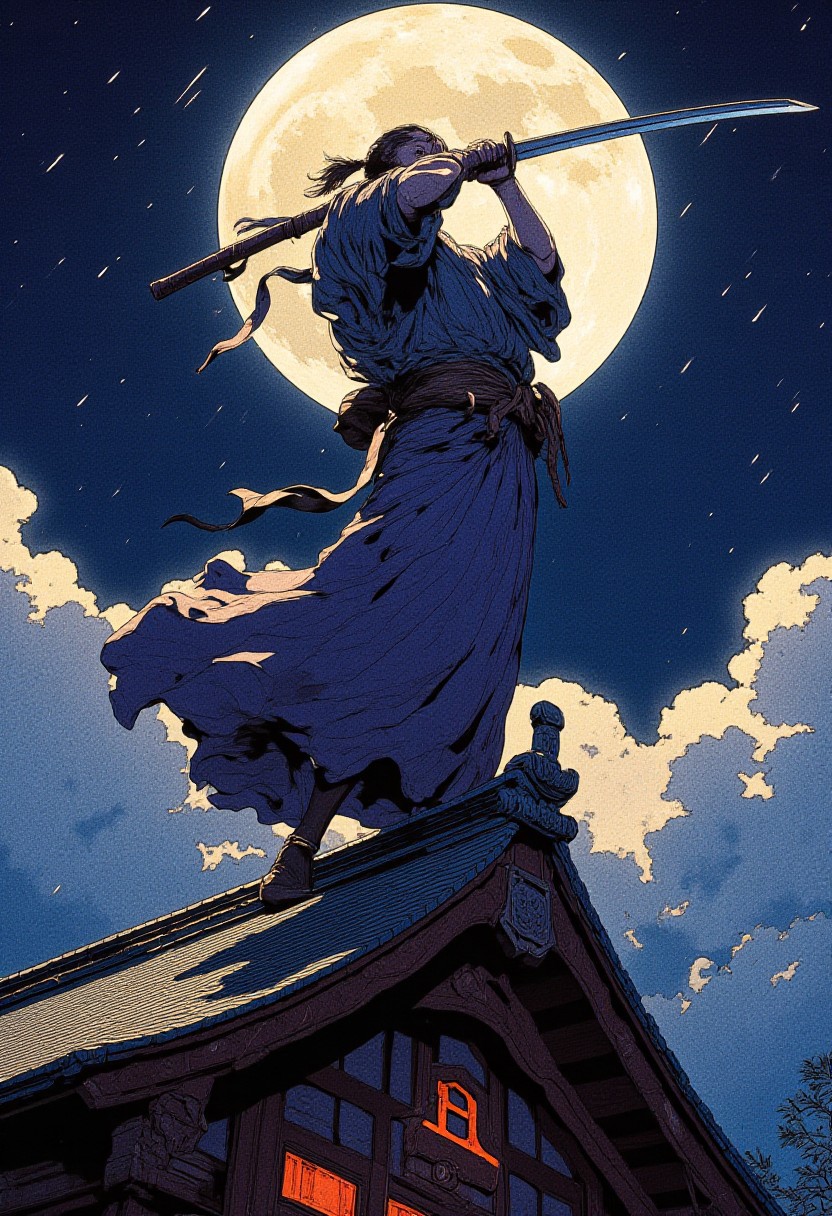 A of a man in a kimono swinging a katana above his head on the top of a roof. Japanese architecture. Night. Moonlight. Cresent moon. Stars. Detailed background. Clouds
Cinematic lighting, volumetric lighting, 8k quality