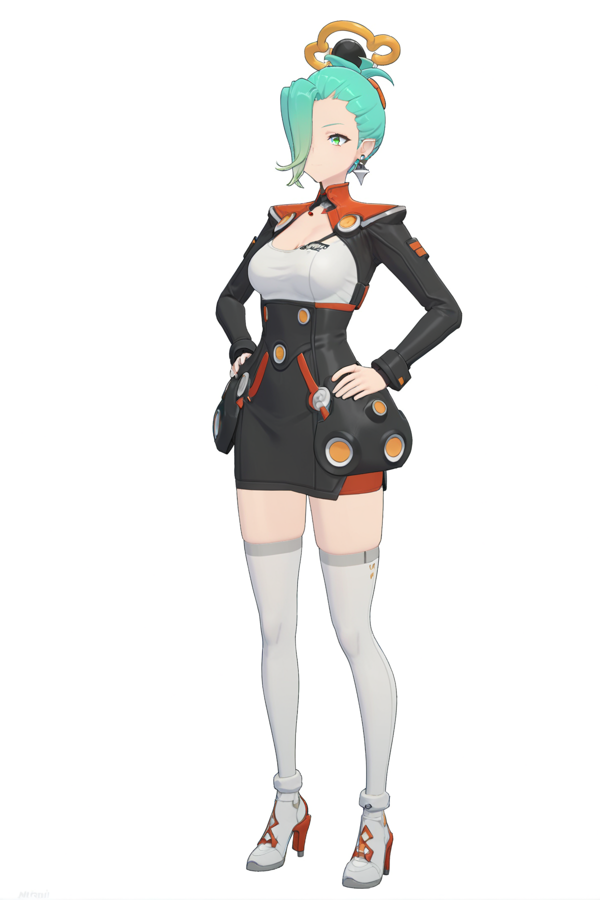 score_9, score_8_up, score_7_up, score_anime, 8k, best quality, masterpiece, (ultra-detailed), (white background:1.1), solo, hands on hip, (full body:1.1), 
<lora:zzzstyle-pony-Tanger:0.8>, laiyi, laiyi's def clothes, zzz style, green hair, 1girl, cleavage, white thighhighs, long sleeves, thighhighs, breasts, green eye, earrings, (hair over one eye:1.2), high heels,