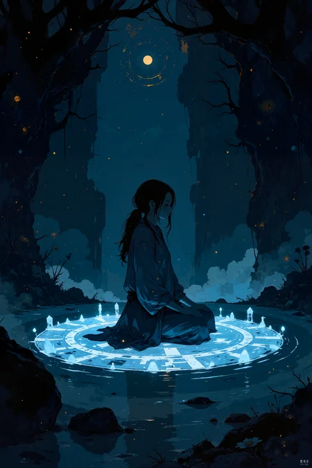 In a cavern illuminated only by the soft glow of countless crystals, a solitary figure with shimmering, deep-blue skin meditates in the center of a glowing, rune-carved circle. Their eyes, bright as starlight, are closed in deep concentration, while their long, braided hair floats gently around them, unaffected by the pull of gravity. The crystals, growing from the walls and ceiling like jagged teeth, pulse in time with the figureâs breathing, their light casting soft shadows across the smooth stone floor. The air in the cavern is cool and still, save for the occasional ripple of energy that passes through the circle, causing the runes to flare briefly with golden light. The distant sound of dripping water echoes softly, creating a tranquil harmony that blends with the soft hum of the crystals. Above, the ceiling is dotted with tiny, glowing insects that flit lazily through the air, their light adding to the otherworldly ambiance of the scene. The figureâs hands rest lightly on their knees, their fingers glowing faintly as they channel the ancient energy of the earth. The scene is one of deep, meditative peace, where magic and nature exist in perfect, delicate balance. Fantastic lighting. Detailed shadows.intricate details, vivid colors, hyper-detailed, ultra-sharp <lora:Blue_Future:0.2><lora:Ethereal_Brush_Anime_v1.0:0.6><lora:Dark_and_sentimental v1.0:0.6><lora:It's a LoRA for portraits, BUT! actually specialized in backgrounds. v1.0:0.3>