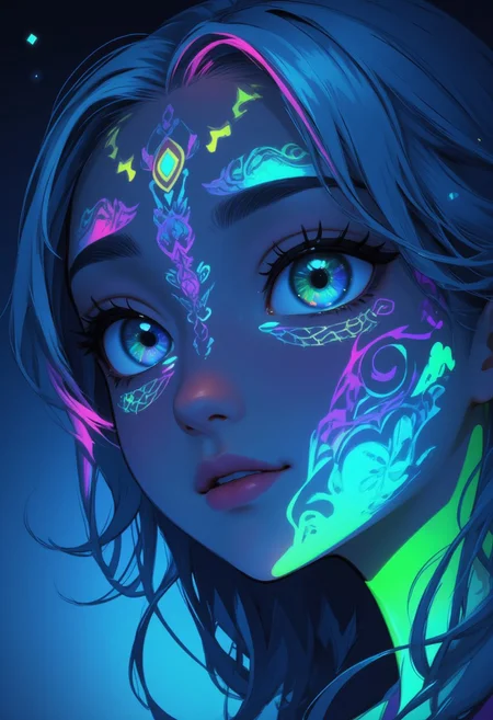 Create a close-up image of a fantasy elf’s face. Her skin glows with a soft, ethereal light and is adorned with neon tattoos that cover her face in intricate patterns. The tattoos emit a magical glow that illuminates her delicate features. Her eyes are large and bright, subtly changing between shades of blue and green, as if holding an ocean within them. Her long, silver hair frames her face, adding a touch of magic to the scene. The background features a starry sky that enhances the dreamy atmosphere , fantasy art, detail eyes, magic eyes, de01, fca_style