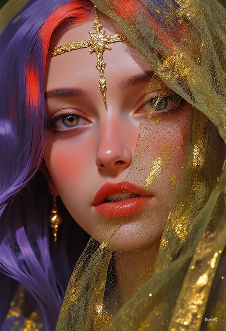 A hyper-realistic close-up portrait of a woman featuring striking red hair that transitions into deep purple at the ends, cascading in soft waves around her face. She has thin, elegantly arched eyebrows that frame her captivating, almond-shaped eyes, which sparkle with depth. Extended, lush eyelashes accentuate her gaze, drawing attention to the delicate eyeliner that enhances her eye shape. Her pale skin, smooth and luminous, is adorned with a sprinkle of charming freckles across her cheeks and nose, adding to her youthful allure.
Her thick, glossy red lips are perfectly sculpted, exuding a rich, inviting sheen that captures the light beautifully. The lower part of her face is partially draped with a semi-transparent, netted olive green cloth, which is intricately detailed with ornate patterns that shimmer softly, creating an ethereal quality. The composition focuses solely on her face and the cloth in a straight close-up shot, ensuring every nuance is captured.
Golden forehead ornaments glisten against her skin, reflecting her elegance, while delicate nose ring ornaments enhance her facial symmetry. Large, ornate earrings dangle gracefully, connected by a fine chain to the nose ring, adding an exquisite touch of sophistication and intrigue to the portrait, all beautifully framed by the flowing hair and intricate cloth.