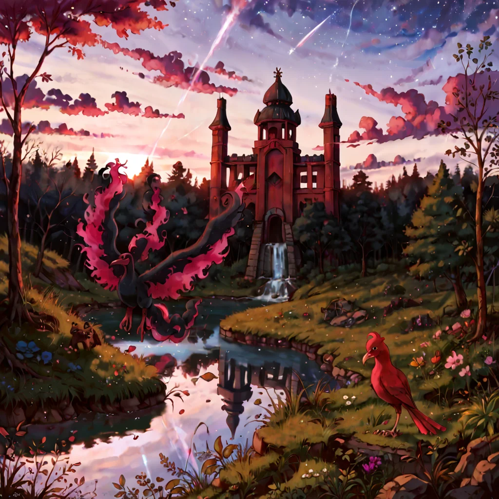 score_9, score_8_up, score_7_up, BREAK, pokemon (creature), galarian_moltres, bird, avian, blue eyes, flying over a temple in the swamp and a river, sunrise, dark sky, stars, shooting star, cinematic, dynamic angle, realistic,sharp focus, photorealistic surrealist, fine details, ultra realistic, very detailed, 4k HDR highly detailed reflections, <lora:POKEMON_GALARIAN_MOLTRES:1>