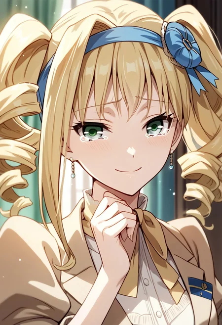 score_9, score_8_up, score_7_up, source_anime, ELIZABETH MIDFORD, DRILL HAIR, TWIN DRILLS, 1girl, solo, long hair, smile, blonde hair, ribbon, twintails, jewelry, green eyes, earrings, tears