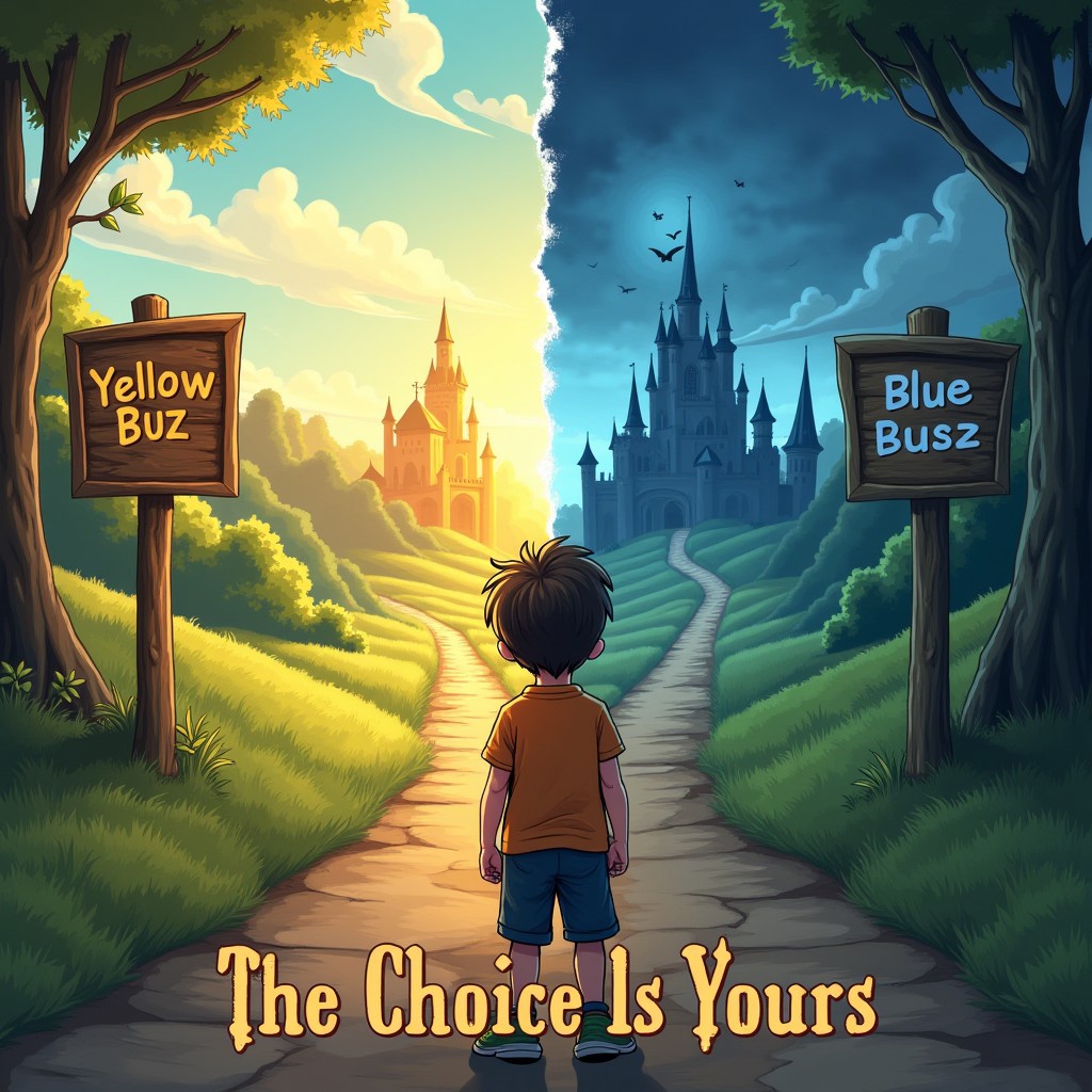 At a fork in the road, a young boy stands facing two contrasting paths. The left path leads to a bright, sunny castle with clear skies, and a sign reads 'Yellow Buzz' in a playful, uplifting font. The right path is dark and stormy, with an eerie, decaying castle in the distance, and the sign ominously reads 'Blue Buzz'. The composition is split in half by these opposing environments, the mood contrasting between cheerful and foreboding. The boy looks confused, as if unsure which path to choose. Add meme-style bold text at the bottom, saying: 'The Choice Is Yours