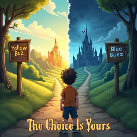 At a fork in the road, a young boy stands facing two contrasting paths. The left path leads to a bright, sunny castle with clear skies, and a sign reads 'Yellow Buzz' in a playful, uplifting font. The right path is dark and stormy, with an eerie, decaying castle in the distance, and the sign ominously reads 'Blue Buzz'. The composition is split in half by these opposing environments, the mood contrasting between cheerful and foreboding. The boy looks confused, as if unsure which path to choose. Add meme-style bold text at the bottom, saying: 'The Choice Is Yours