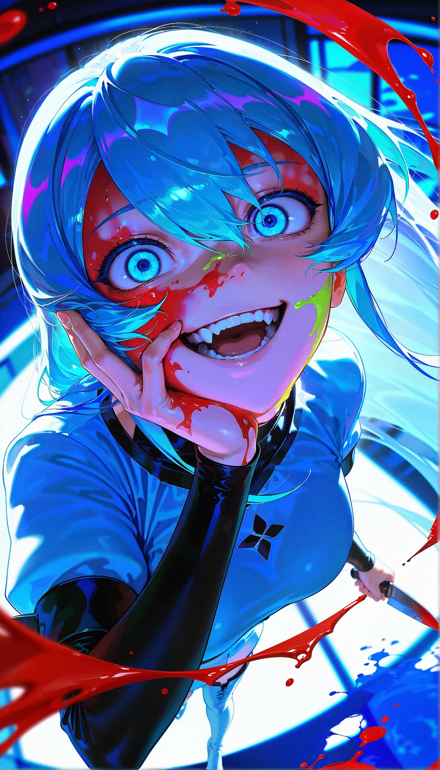 masterpiece, best quality, amazing quality, very aesthetic, absurdres,  newest, scenery,  1girl, Esdeath, teeth, open mouth, blood on face, smile, light blue hair,  crazy eyes, holding knife, hand on own cheek, upper body, General's apparel backlighting, from above, dutch angle, , close-up, photorealistic, dutch angle, (colorful), from above, (((paint splatter))),fisheye, , masterpiece, best quality, amazing quality, very aesthetic, absurdres,  newest, scenery, volumetric lighting