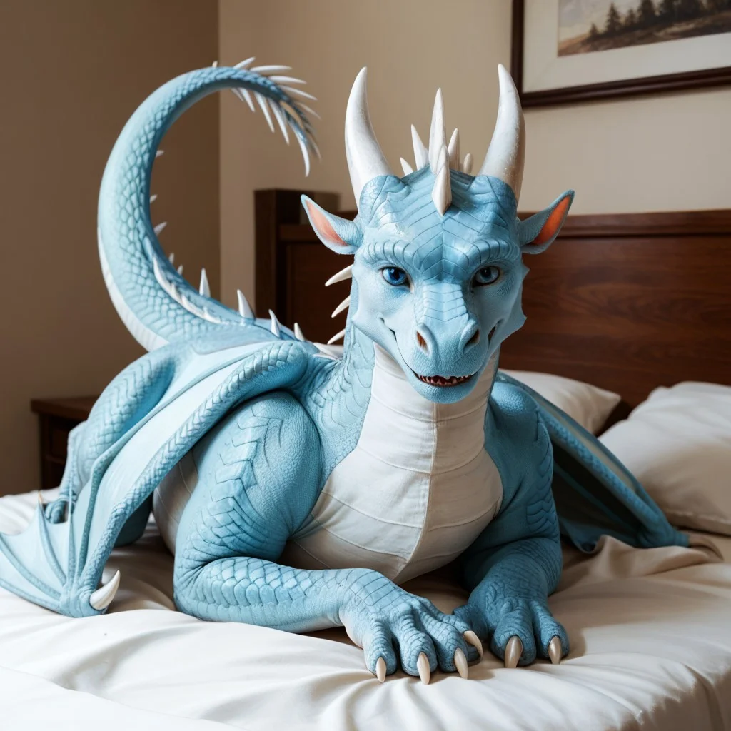 score_9, score_8_up, score_7_up, score_6_up, score_5_up, score_4_up, masterpiece, high quality, realistic, detailed, best quality, white bed, solo, rating_safe, source_furry, bedroom, smiling, seductive look, happy, detailed eyes, detailed face, looking at viewer, lying on belly, Icewing_wof, tail spikes, dragon, horns, claws, wings, tail, icewing spikes, white scales, 1boy, male, blue eyes, feral