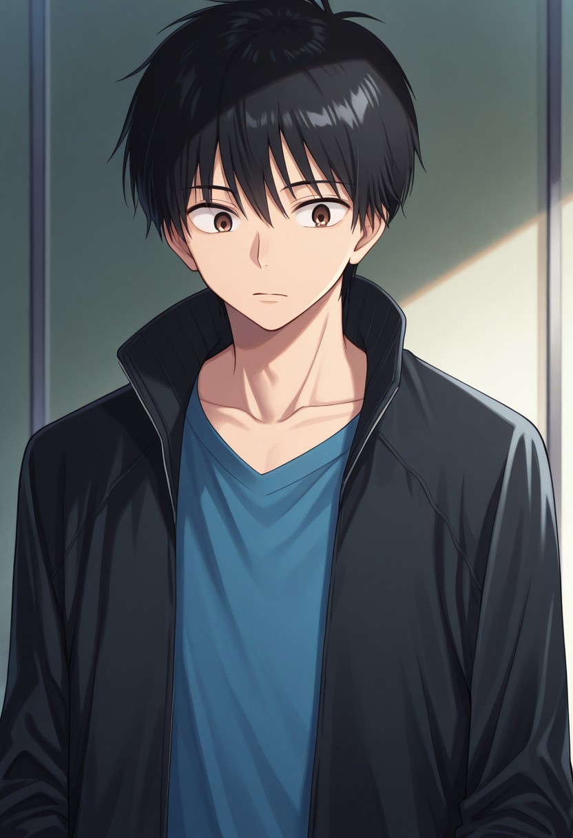 masterpiece,best quality,amazing quality, source_anime, 
kazahaya, 1boy, male focus, solo, brown eyes, black hair, collarbone, shirt, blue shirt, jacket, black jacket, open jacket,