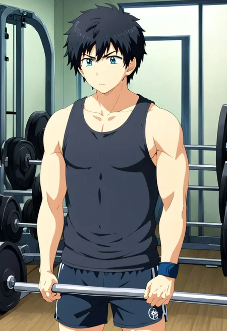 high resolution, solo, best quality, 1Boy, Arata Kaizaki, Black Hair, Gym , tank top, shorts, exercise, sixpack, gym, OverallDetail