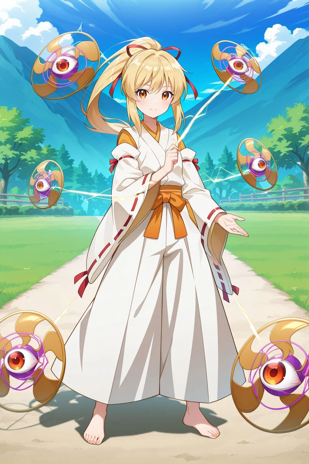 absurdres, highres, masterpiece, best quality, amazing quality, official anime artwork, screencap, anime screencap, outdoors, looking at viewer, light smile, dynamic pose, standing,
<lora:YuugenMagan_Illustrious:1> yuugenmagan, 1girl, solo, orange eyes, blonde hair, long hair, high ponytail, sidelocks,, hair ribbon, red ribbon, white kimono, long sleeves, wide sleeves, ribbon-trimmed sleeves, detached sleeves, white pants, barefoot, eyeball, electricity,