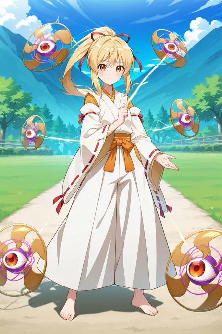 absurdres, highres, masterpiece, best quality, amazing quality, official anime artwork, screencap, anime screencap, outdoors, looking at viewer, light smile, dynamic pose, standing,
 <lora:YuugenMagan_Illustrious:1> yuugenmagan, 1girl, solo, orange eyes, blonde hair, long hair, high ponytail, sidelocks,, hair ribbon, red ribbon, white kimono, long sleeves, wide sleeves, ribbon-trimmed sleeves, detached sleeves, white pants, barefoot, eyeball, electricity,