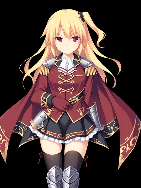 <lora:Madou_Koukaku_-_Eushully:1>,eushully,elmina,1girl,solo,blonde hair,thighhighs,skirt,long hair,red eyes,armor,zettai ryouiki,black thighhighs,gloves,cape,uniform,greaves,one side up,ribbon,hair ribbon,ascot,black skirt,miniskirt,frilled skirt,epaulettes,simple background,black background,, score_9, score_8_up, score_7_up,source_anime,(masterpiece),(best quality),(ultra-detailed),(best illustration),(best shadow),(absurdres),(detailed background),(very aesthetic),source_anime