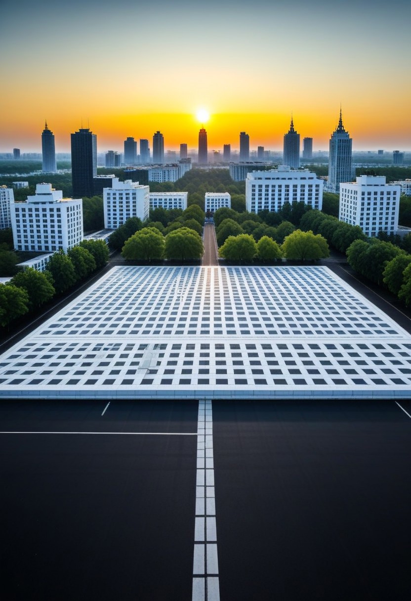 a huge empty asphalt square in the distance one can see massive but not tall rectangular white buildings with narrow black windows, nearby there are smaller rectangular buildings made of brick with square windows and a concrete canopy on the roof, next to them there are not tall trees, a white rectangular building with white edging and large windows, near the buildings you can also see small brick extensions without windows, just in the distance and as if in miniature you can see rectangular buildings with wide large rectangular black windows and white buildings lower but wide with very small black square windows, next to different rare trees are visible behind the buildings, behind all the buildings the yellow sun rises, but it does not dazzle and seems to be in a haze, but all this is as if in the distance and creates the opportunity to examine it all as a whole, and the viewer stands in the middle of perfectly smooth asphalt