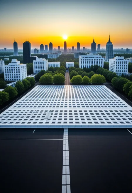 a huge empty asphalt square in the distance one can see massive but not tall rectangular white buildings with narrow black windows, nearby there are smaller rectangular buildings made of brick with square windows and a concrete canopy on the roof, next to them there are not tall trees, a white rectangular building with white edging and large windows, near the buildings you can also see small brick extensions without windows, just in the distance and as if in miniature you can see rectangular buildings with wide large rectangular black windows and white buildings lower but wide with very small black square windows, next to different rare trees are visible behind the buildings, behind all the buildings the yellow sun rises, but it does not dazzle and seems to be in a haze, but all this is as if in the distance and creates the opportunity to examine it all as a whole, and the viewer stands in the middle of perfectly smooth asphalt