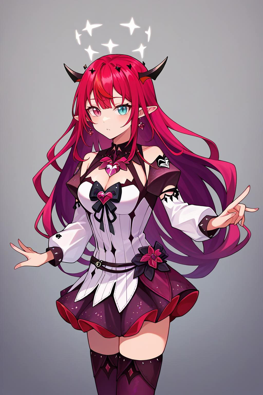 score_9,score_8_up,score_7_up,score_6_up,score_5_up,score_4_up,
1girl, irys \(hololive\), horns, long hair, halo, short white sleeveless dress, black frilled dress, cleavage cutout, heart brooch, white detached sleeves, juliet sleeves, purple thighhighs, double halo, 
simple background, grey background, cowboy shot, solo, looking at viewer,
<lora:irysponyxl4:1>