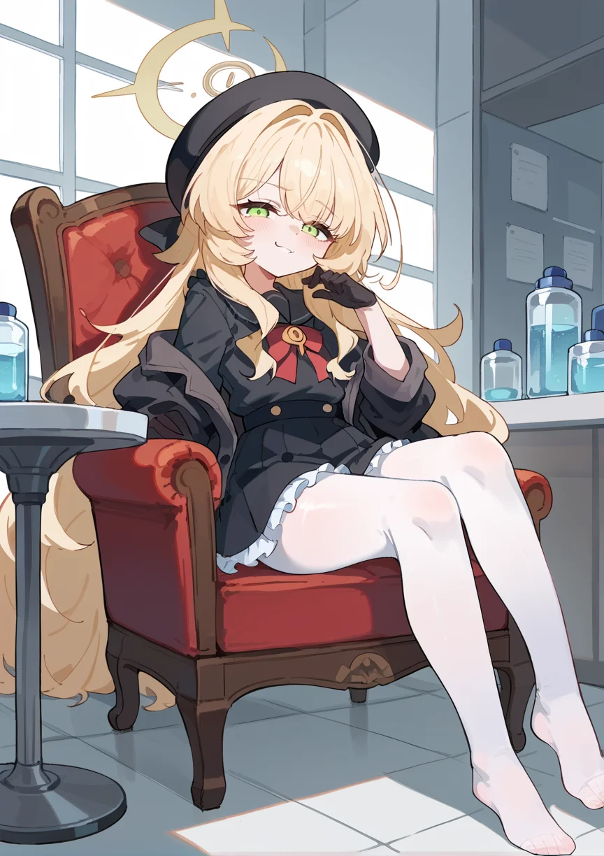 1girl, halo, long hair, messy hair, sidelocks, blonde hair, serafuku, ribbon, brooch, coat, frills, hat, gloves, pantyhose, green eyes, sitting, chair, indoors, laboratory, toes, smug, half closed eyes, <lora:Professor_Niyaniya:1>, score_9, score_8_up, score_7_up, score_6_up, score_5_up, score_4_up, BREAK source_anime, masterpiece