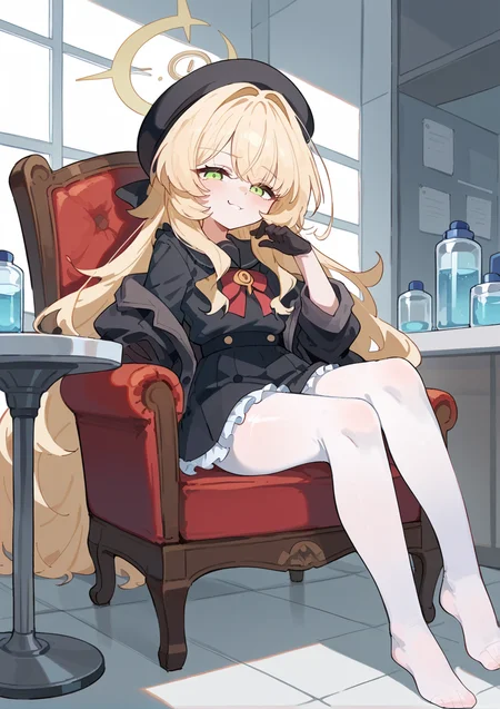 1girl, halo, long hair, messy hair, sidelocks, blonde hair, serafuku, ribbon, brooch, coat, frills, hat, gloves, pantyhose, green eyes, sitting, chair, indoors, laboratory, toes, smug, half closed eyes, <lora:Professor_Niyaniya:1>, score_9, score_8_up, score_7_up, score_6_up, score_5_up, score_4_up, BREAK source_anime, masterpiece