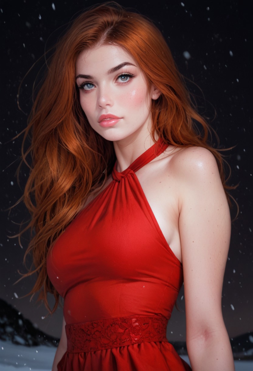 score_9, score_8_up, score_7_up, score_6_up,  Majestrix, 1girl, gorgeous girl, cute girl , kawai girl , cute face , long red hair, ginger, bright silk red dress, halterneck, sleeveless, reij-rosie, huge tits, ((full pouty lips)), rogue girl , sexy , posing , face focus, sexy body, ((dynamic pose)) 
expressiveH, low angle,
in the snow on a mountain side, in the swiss alps, snow covered, sunny weather, snowy mountain panorama in the background