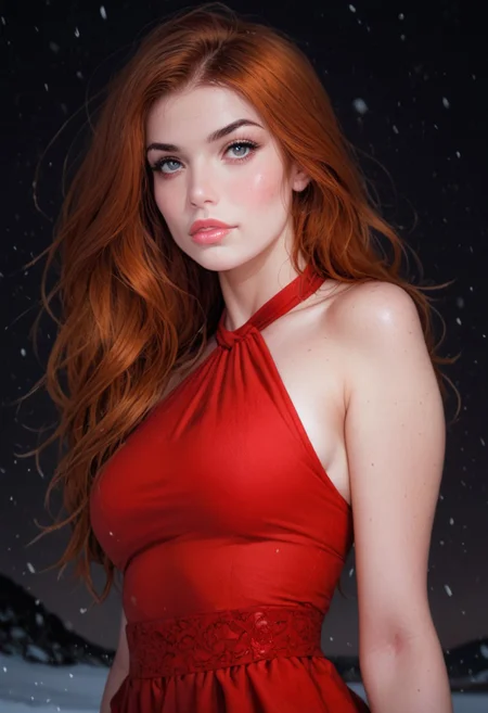 score_9, score_8_up, score_7_up, score_6_up, Majestrix, 1girl, gorgeous girl, cute girl , kawai girl , cute face , long red hair, ginger, bright silk red dress, halterneck, sleeveless, reij-rosie, huge tits, ((full pouty lips)), rogue girl , sexy , posing , face focus, sexy body, ((dynamic pose))
expressiveH, low angle,
in the snow on a mountain side, in the swiss alps, snow covered, sunny weather, snowy mountain panorama in the background