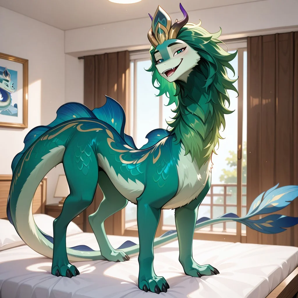 1boy, highres, absurdres, newest, masterpiece, best quality, furry, furry_male, pengu_ratld, eastern dragon, dragon, tail, claws, horn, green fur, green hair, back dorsal fins, long body, (quadruped, feral:1.3), detailed eyes, standing, open_mouth, open mouth smile, luxurious detailed room, bright room, day scene, professional lighting, white bed, solo, bedroom, smiling, seductive, looking_at_viewer, masterpiece, close up, safe