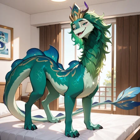 1boy, highres, absurdres, newest, masterpiece, best quality, furry, furry_male, pengu_ratld, eastern dragon, dragon, tail, claws, horn, green fur, green hair, back dorsal fins, long body, (quadruped, feral:1.3), detailed eyes, standing, open_mouth, open mouth smile, luxurious detailed room, bright room, day scene, professional lighting, white bed, solo, bedroom, smiling, seductive, looking_at_viewer, masterpiece, close up, safe